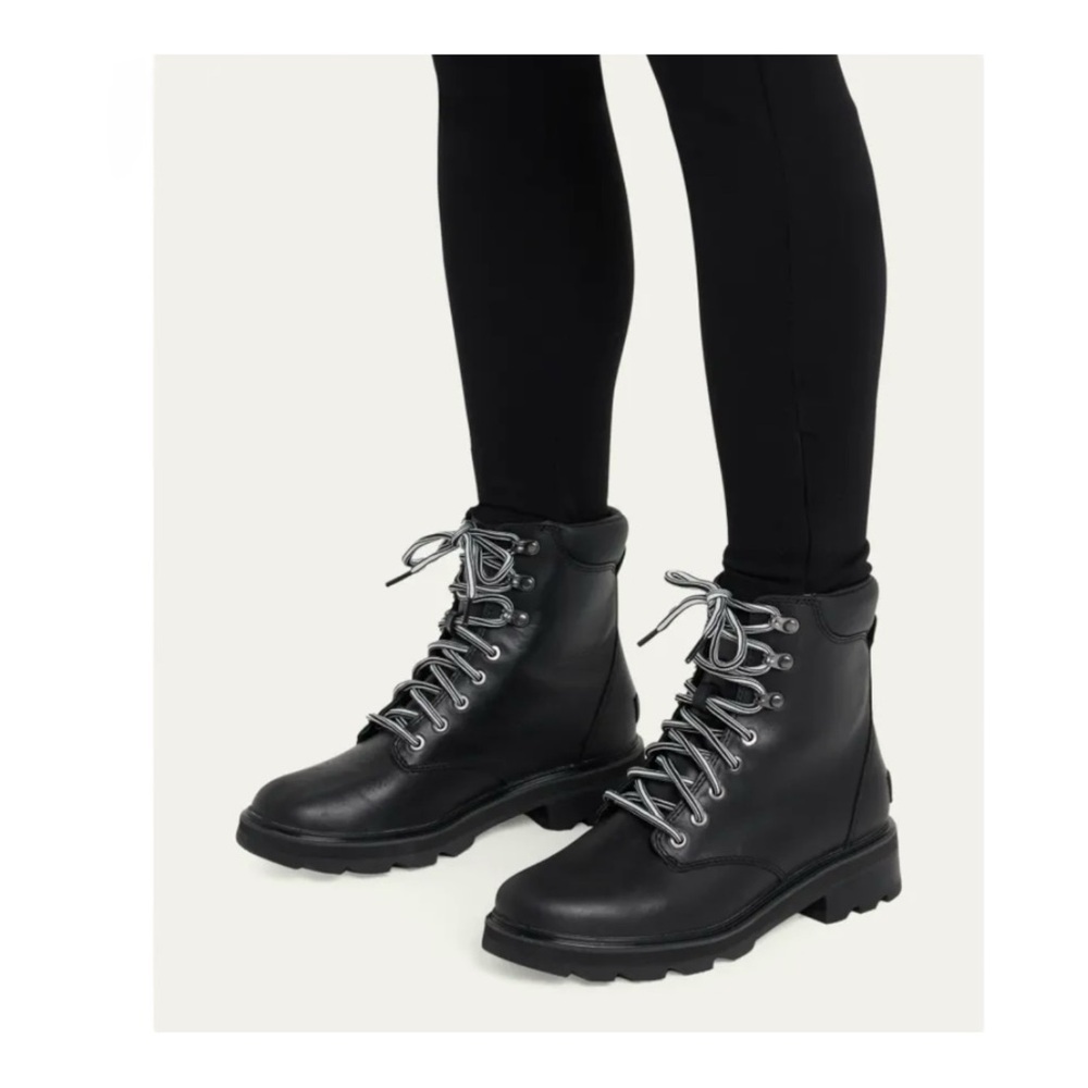 SOREL Lennox Leather Lace-Up Boots in Black Sea Salt NIB
